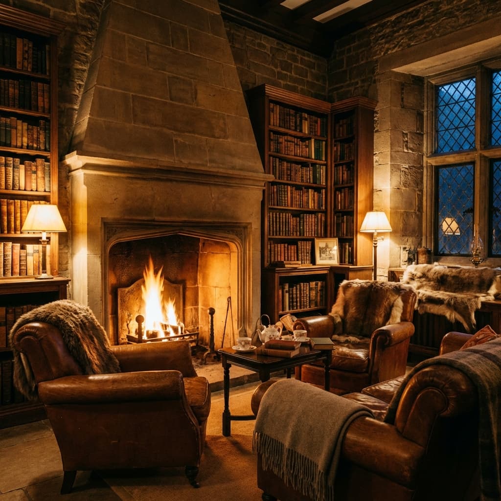Cozy fireplace library