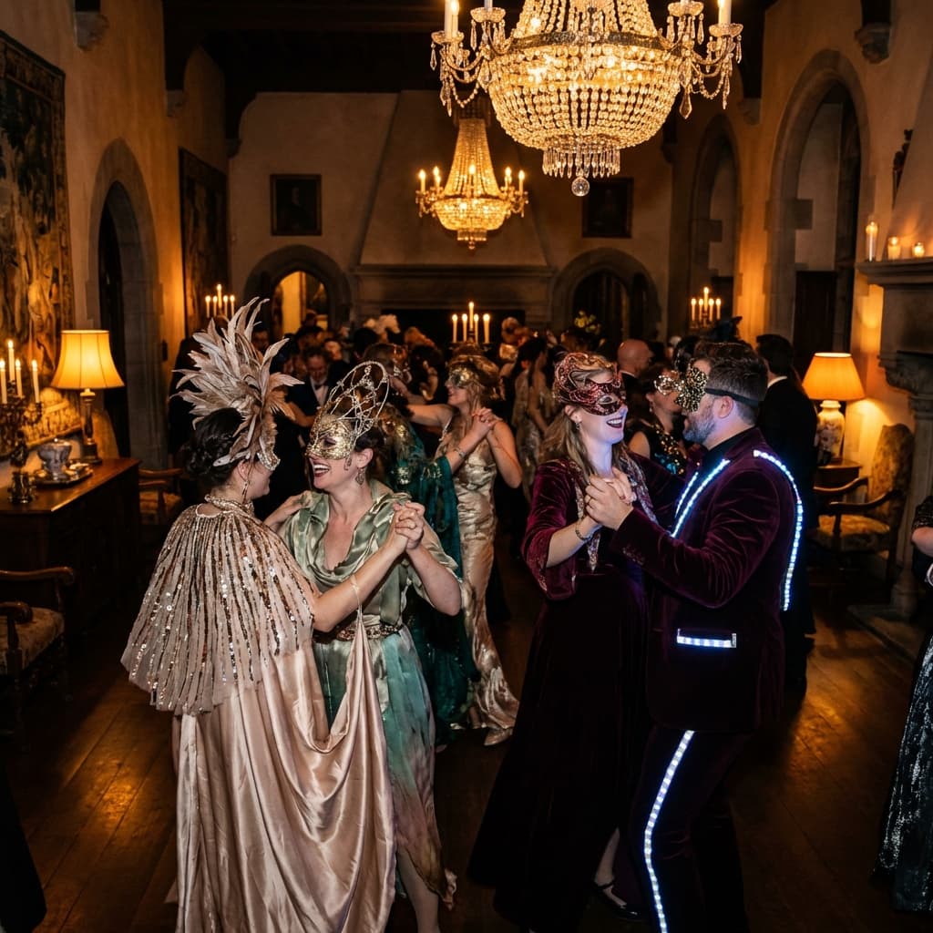 Masquerade party in the castle ballroom