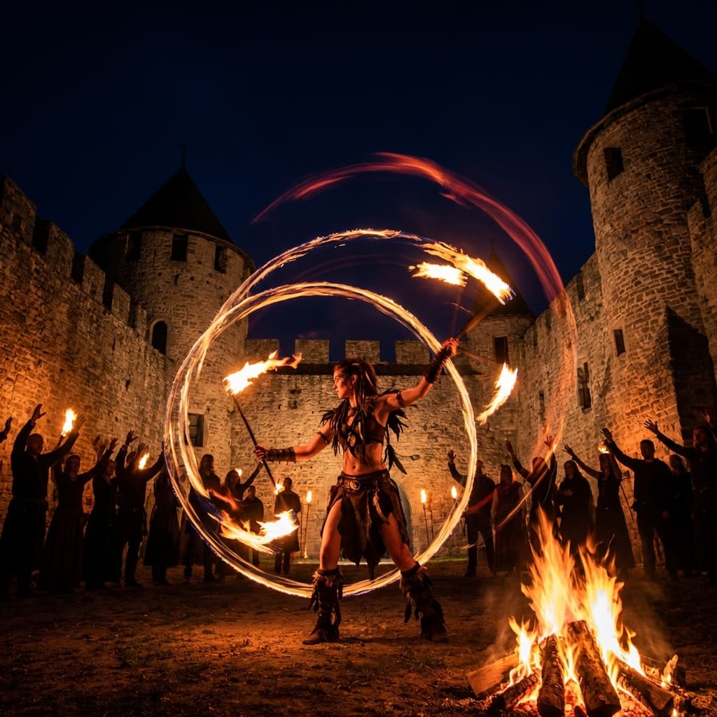 Fire performance in castle courtyard