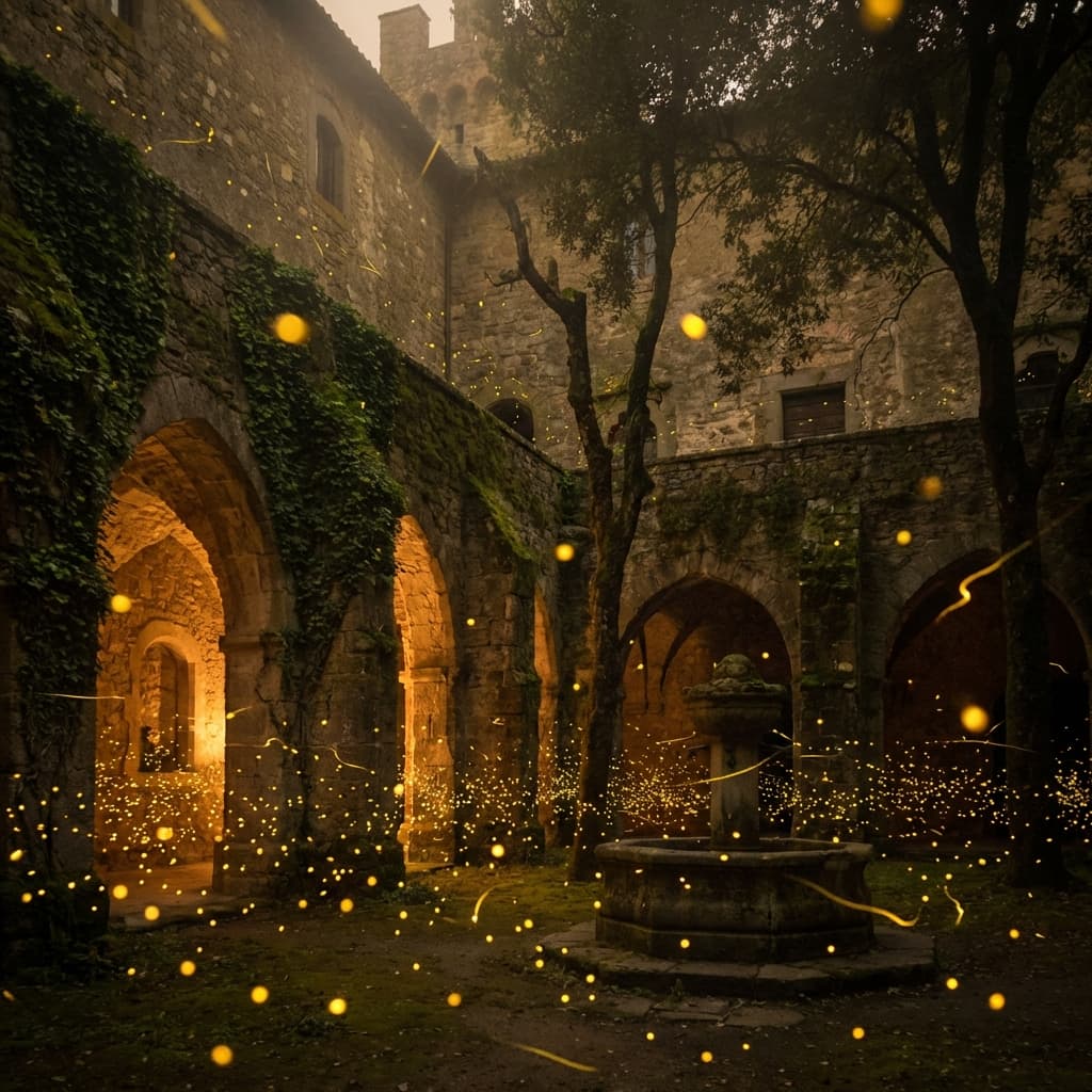Magical fireflies glowing in a castle courtyard at night